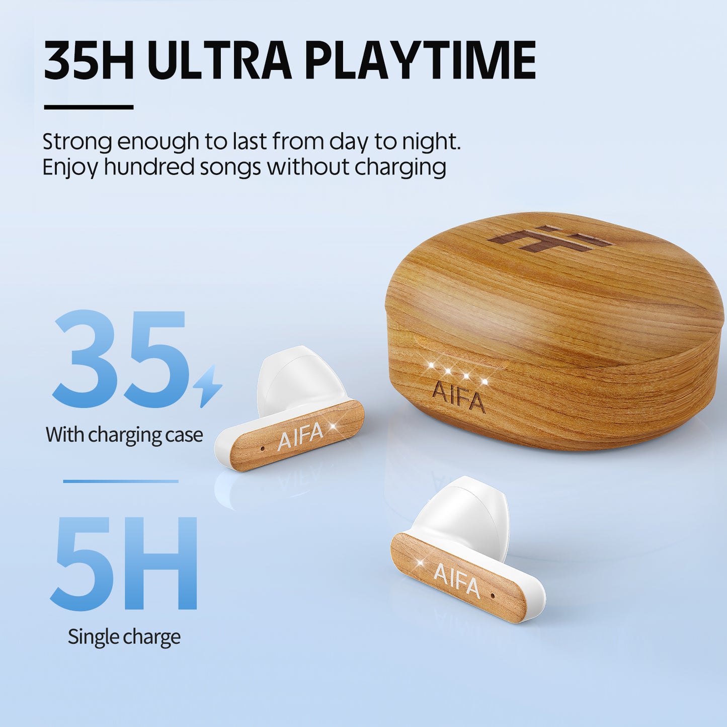 AIFA Wooden Wireless Earbuds, BT 5.3 Headphones Bass Stereo, 35 Hrs Playtime Ear Buds with Noise Cancelling Mic for Calls, Made of Environmentally Friendly Materials (Cherrywood)