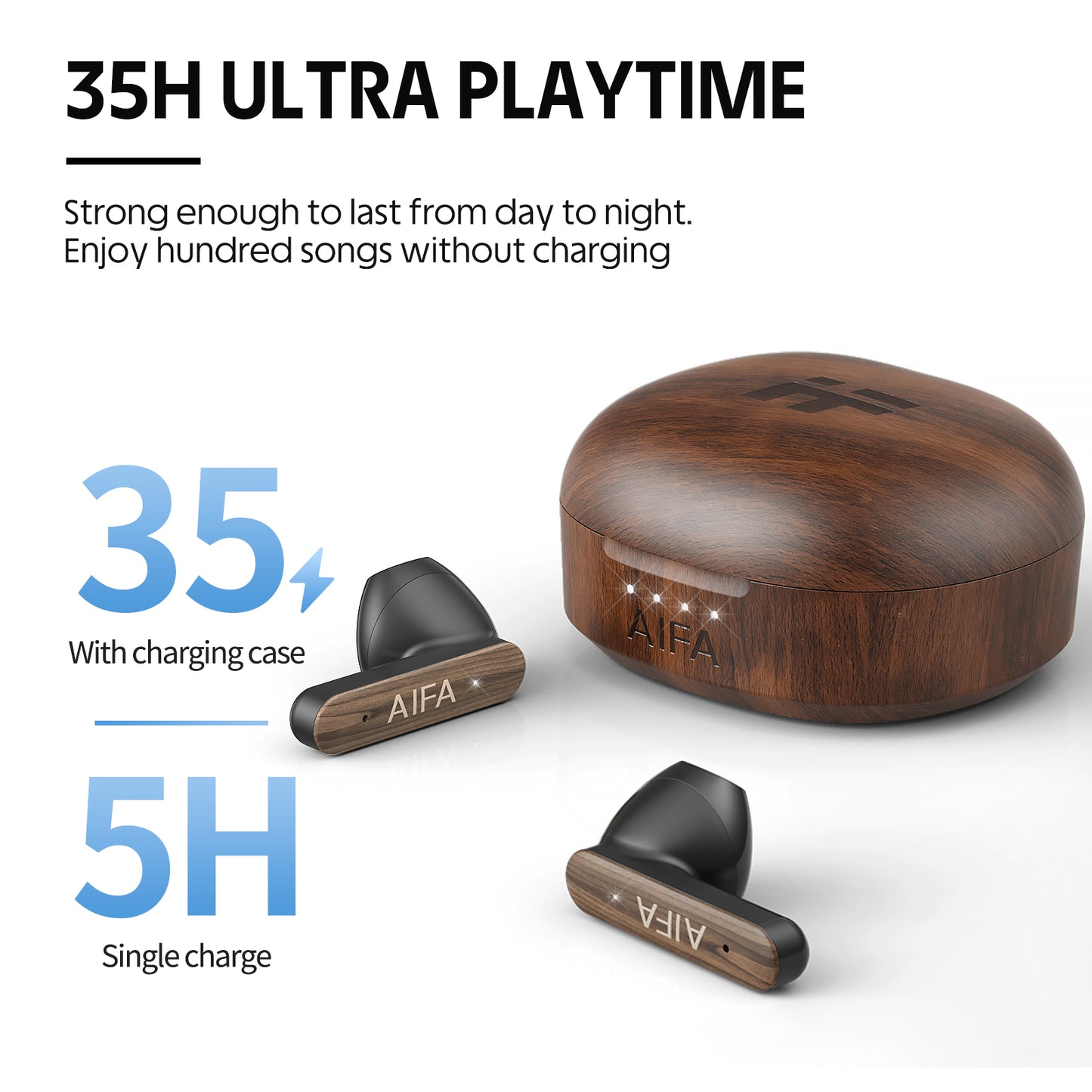 AIFA Wooden Wireless Earbuds, BT 5.3 Headphones Bass Stereo, 35 Hrs Playtime Ear Buds with Noise Cancelling Mic for Calls, Made of Environmentally Friendly Materials (WalnutWood)