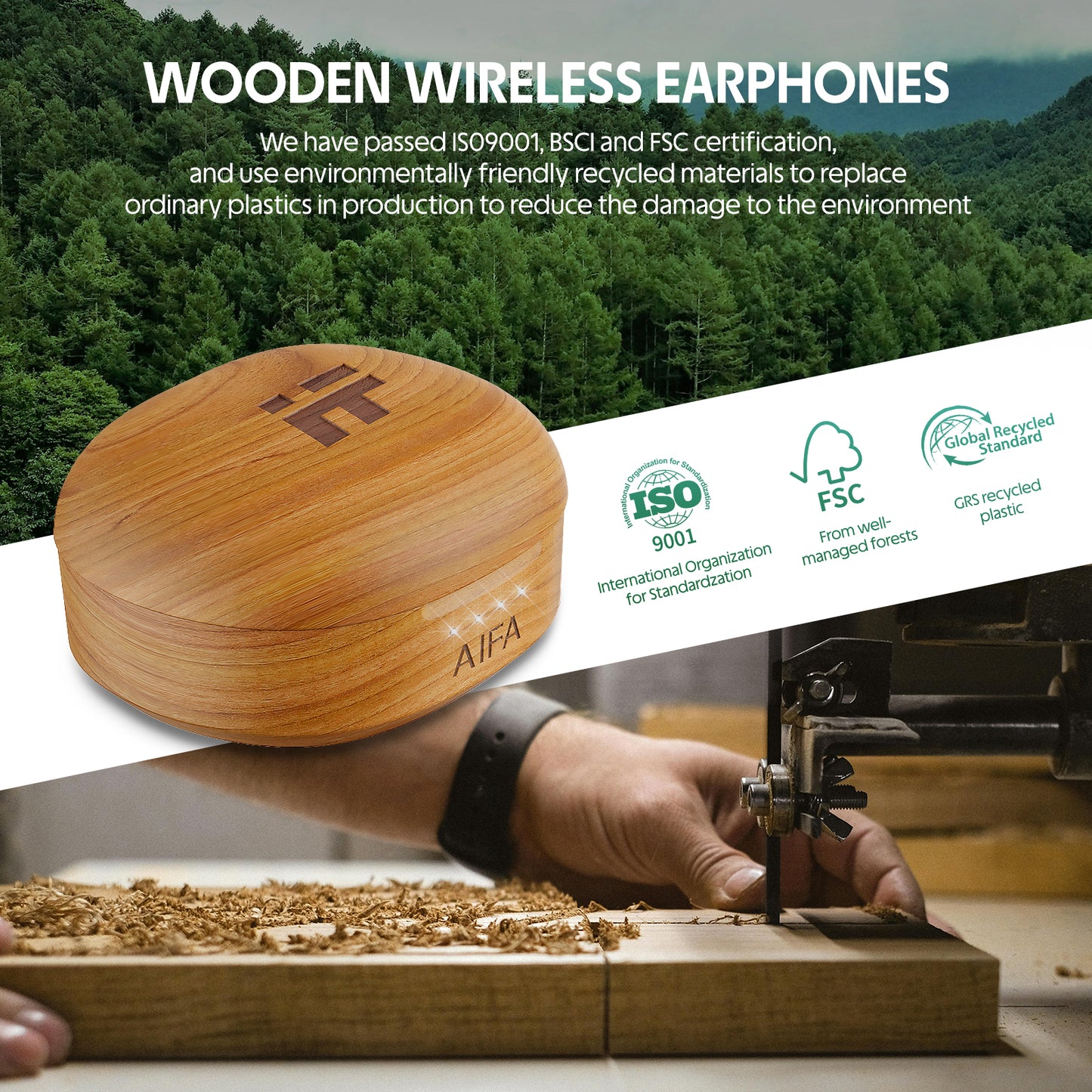 AIFA Wooden Wireless Earbuds, BT 5.3 Headphones Bass Stereo, 35 Hrs Playtime Ear Buds with Noise Cancelling Mic for Calls, Made of Environmentally Friendly Materials (Cherrywood)